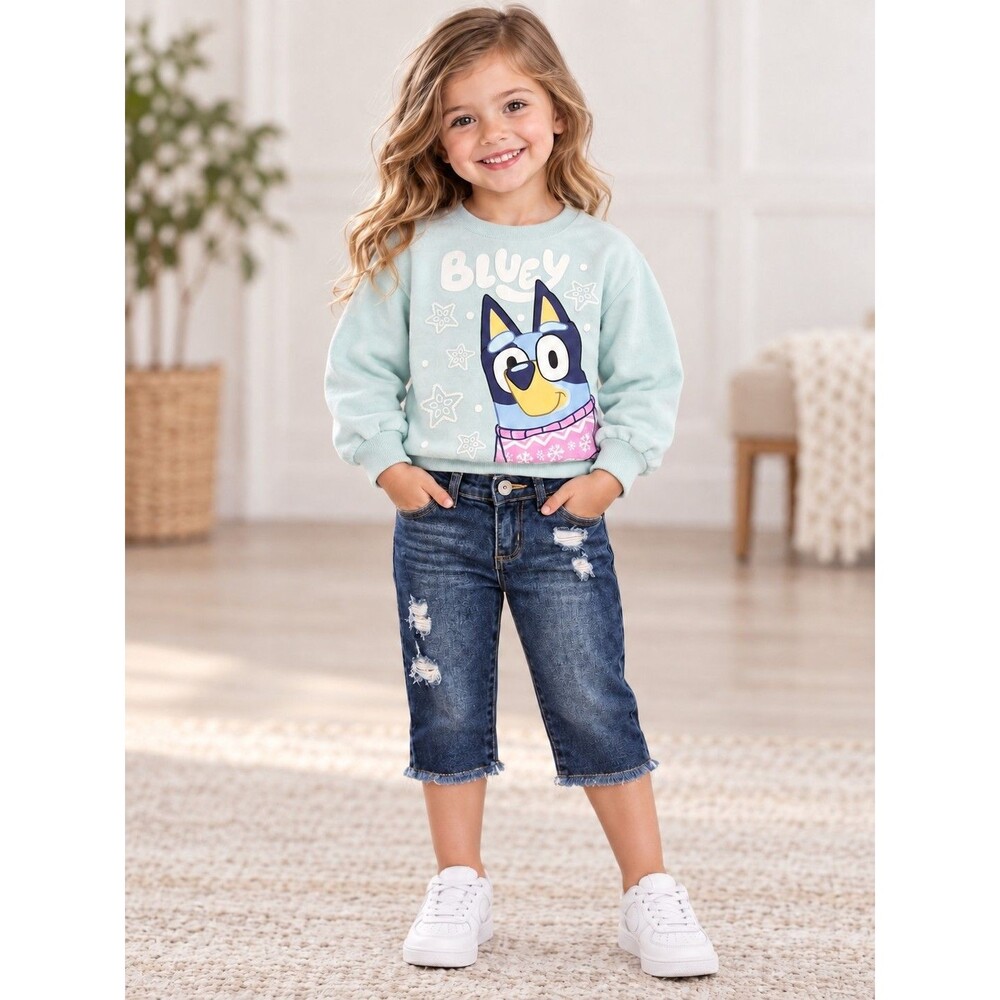Bluey Girls 2-Piece Outfit Set Mint Graphic Sweatshirt & Distressed Denim Jeans